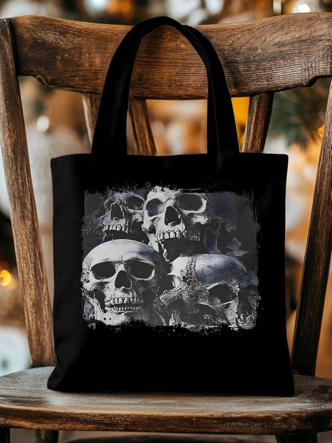 Vintage Black Skull Canvas Tote Bag, Aesthetic Canvas Tote Handbags for Women Shoulder Bag