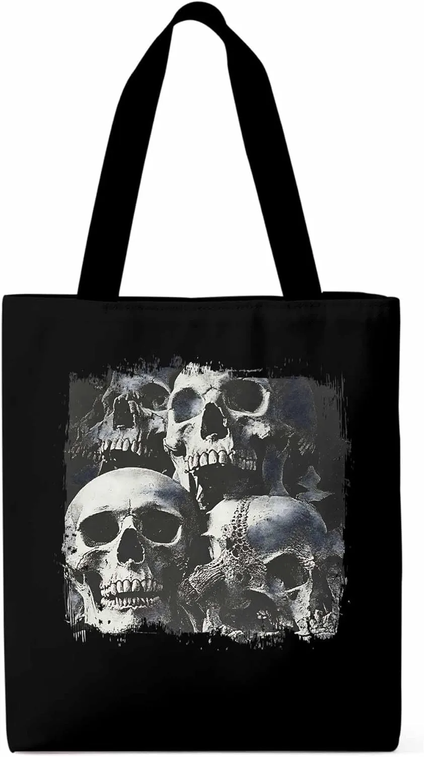 Vintage Black Skull Canvas Tote Bag, Aesthetic Canvas Tote Handbags for Women Shoulder Bag