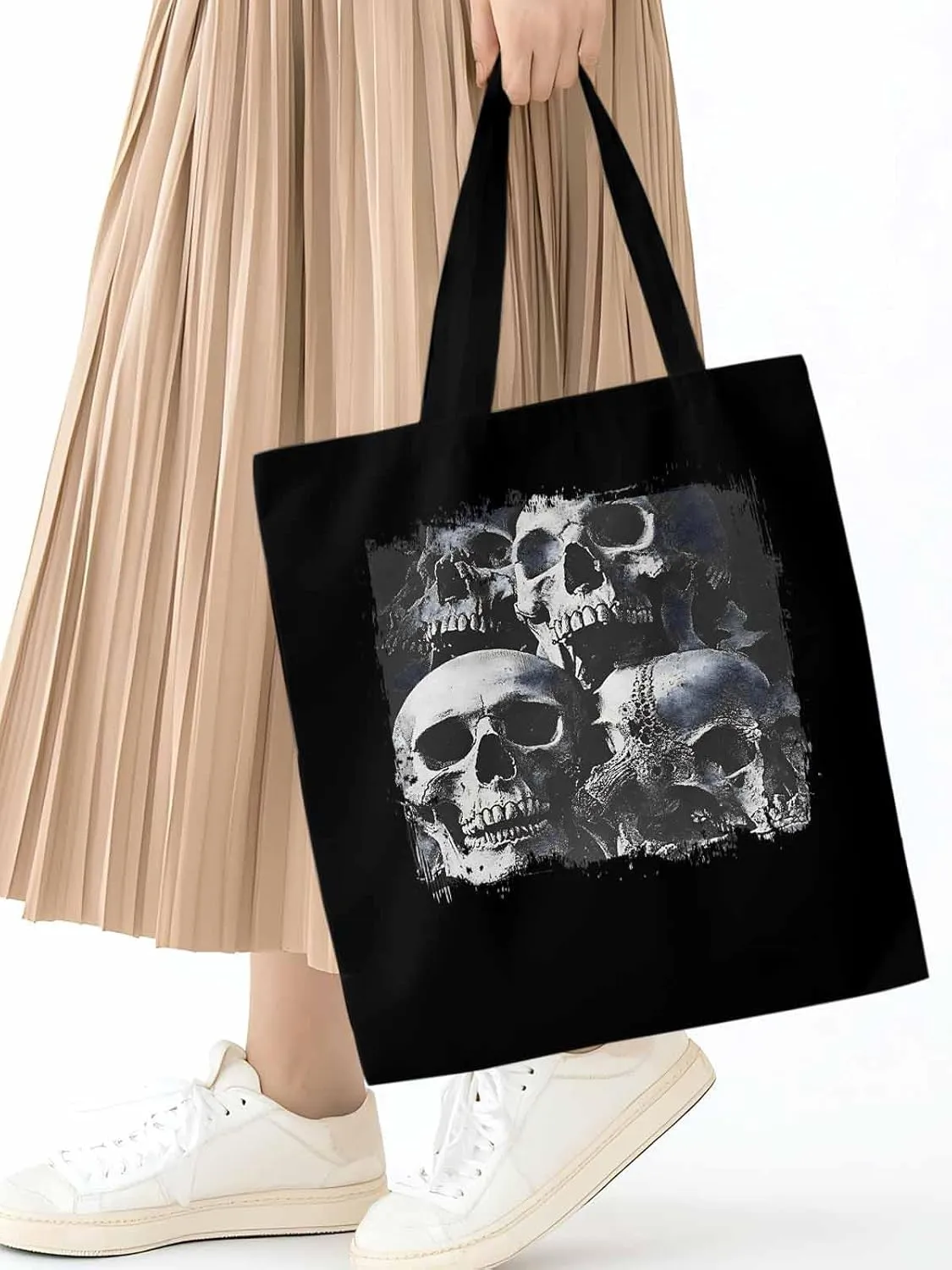 Vintage Black Skull Canvas Tote Bag, Aesthetic Canvas Tote Handbags for Women Shoulder Bag