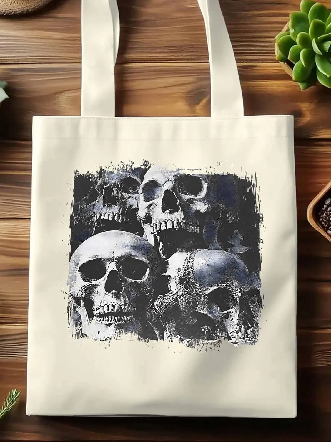 Vintage Black Skull Canvas Tote Bag, Aesthetic Canvas Tote Handbags for Women Shoulder Bag