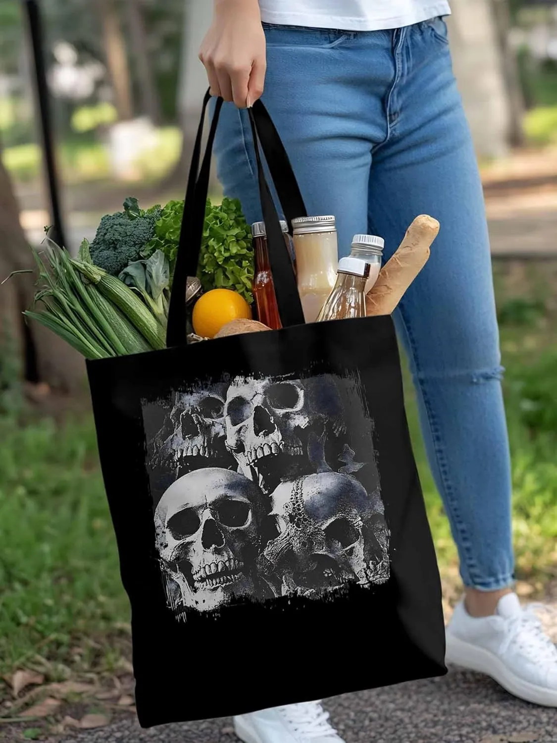 Vintage Black Skull Canvas Tote Bag, Aesthetic Canvas Tote Handbags for Women Shoulder Bag