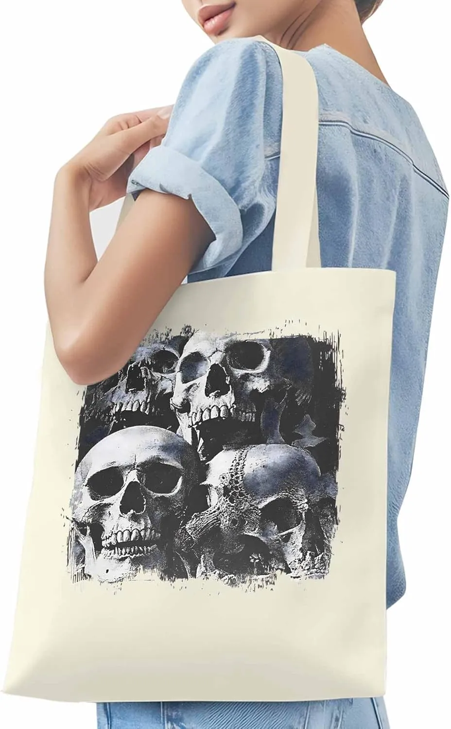 Vintage Black Skull Canvas Tote Bag, Aesthetic Canvas Tote Handbags for Women Shoulder Bag