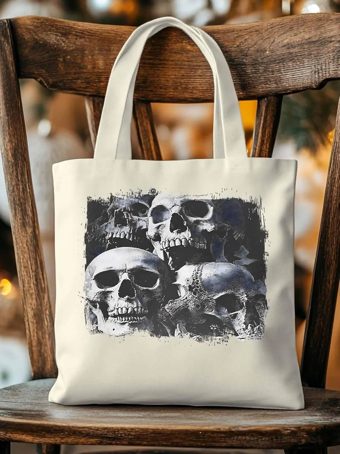 Vintage Black Skull Canvas Tote Bag, Aesthetic Canvas Tote Handbags for Women Shoulder Bag