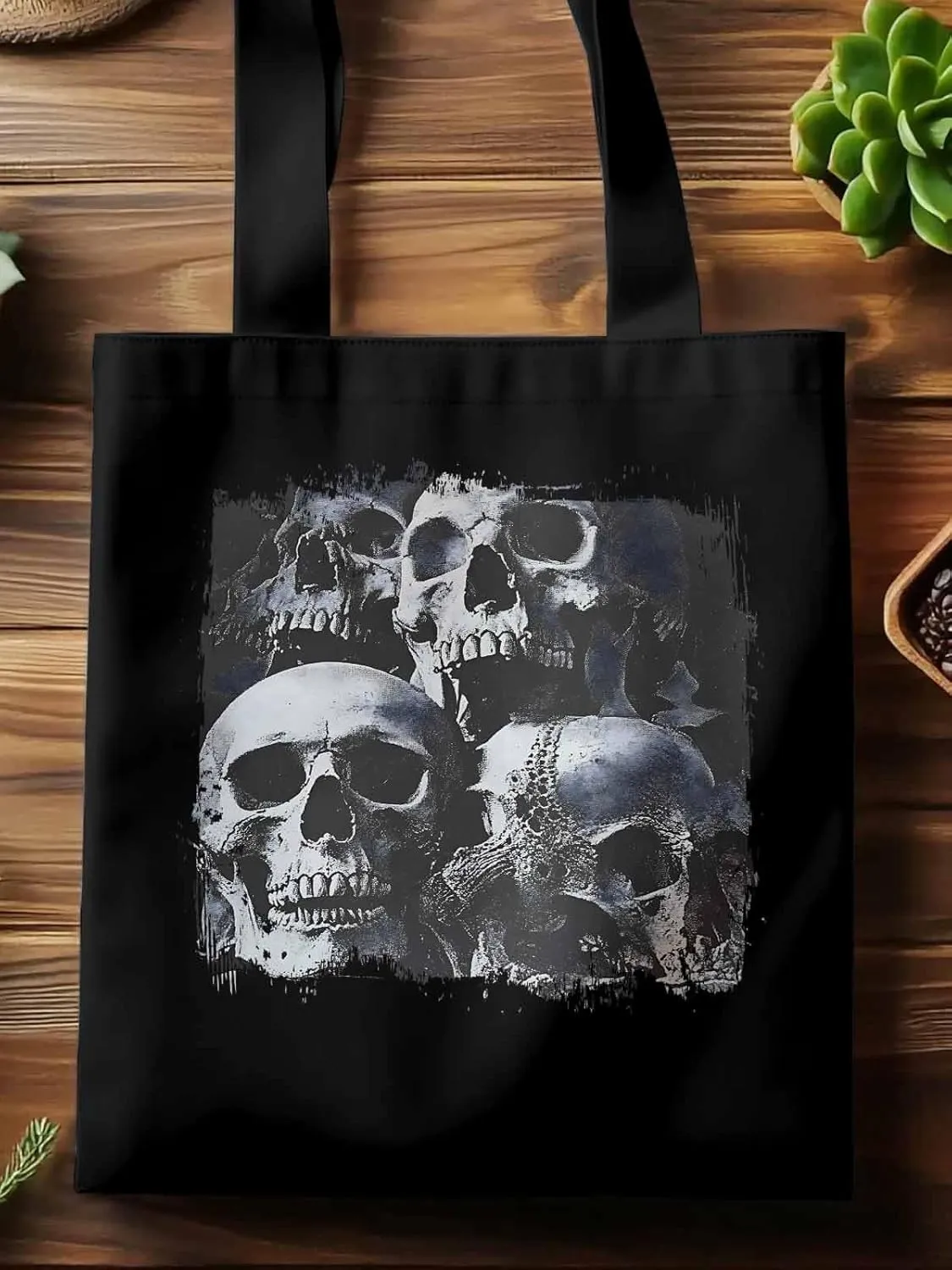 Vintage Black Skull Canvas Tote Bag, Aesthetic Canvas Tote Handbags for Women Shoulder Bag