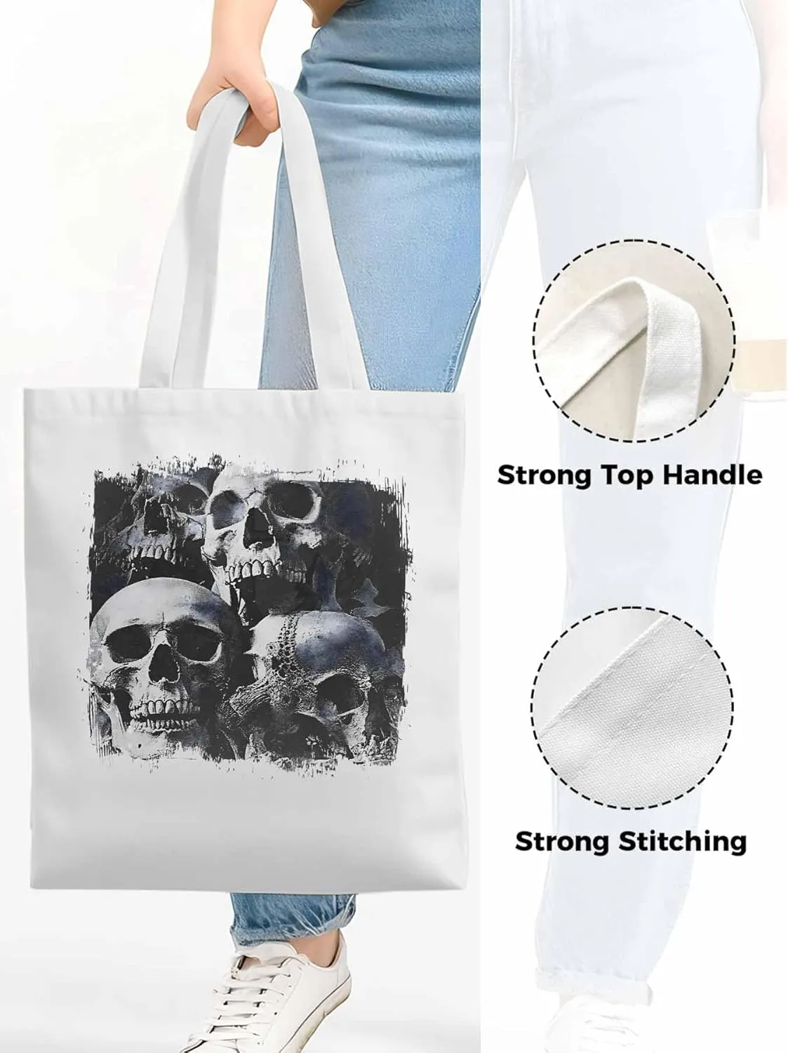 Vintage Black Skull Canvas Tote Bag, Aesthetic Canvas Tote Handbags for Women Shoulder Bag