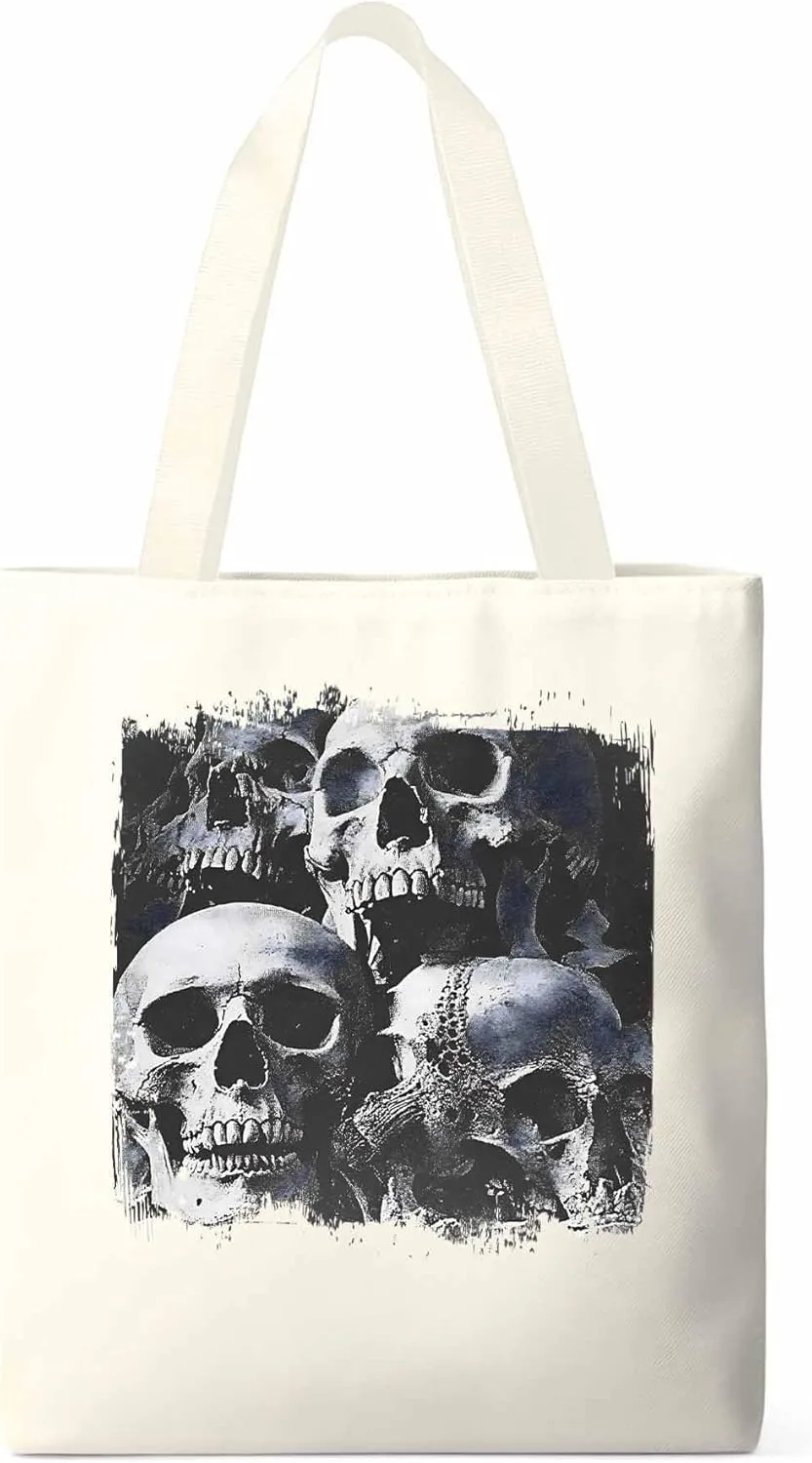 Vintage Black Skull Canvas Tote Bag, Aesthetic Canvas Tote Handbags for Women Shoulder Bag