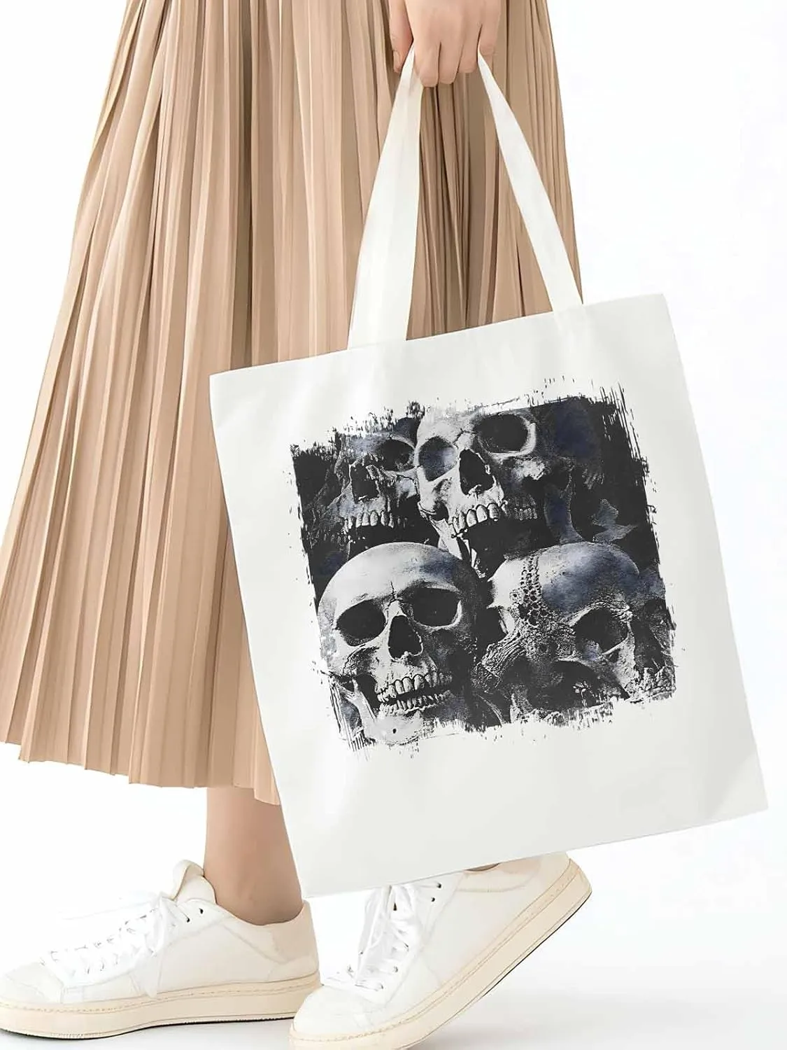 Vintage Black Skull Canvas Tote Bag, Aesthetic Canvas Tote Handbags for Women Shoulder Bag