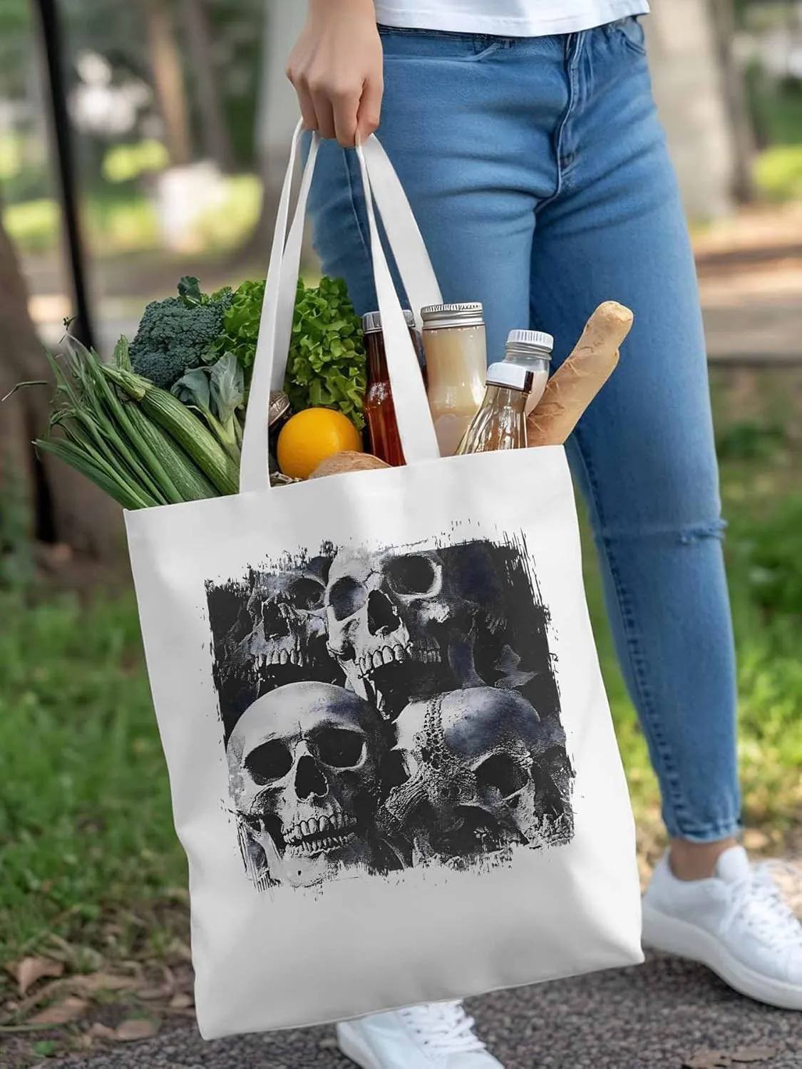 Vintage Black Skull Canvas Tote Bag, Aesthetic Canvas Tote Handbags for Women Shoulder Bag
