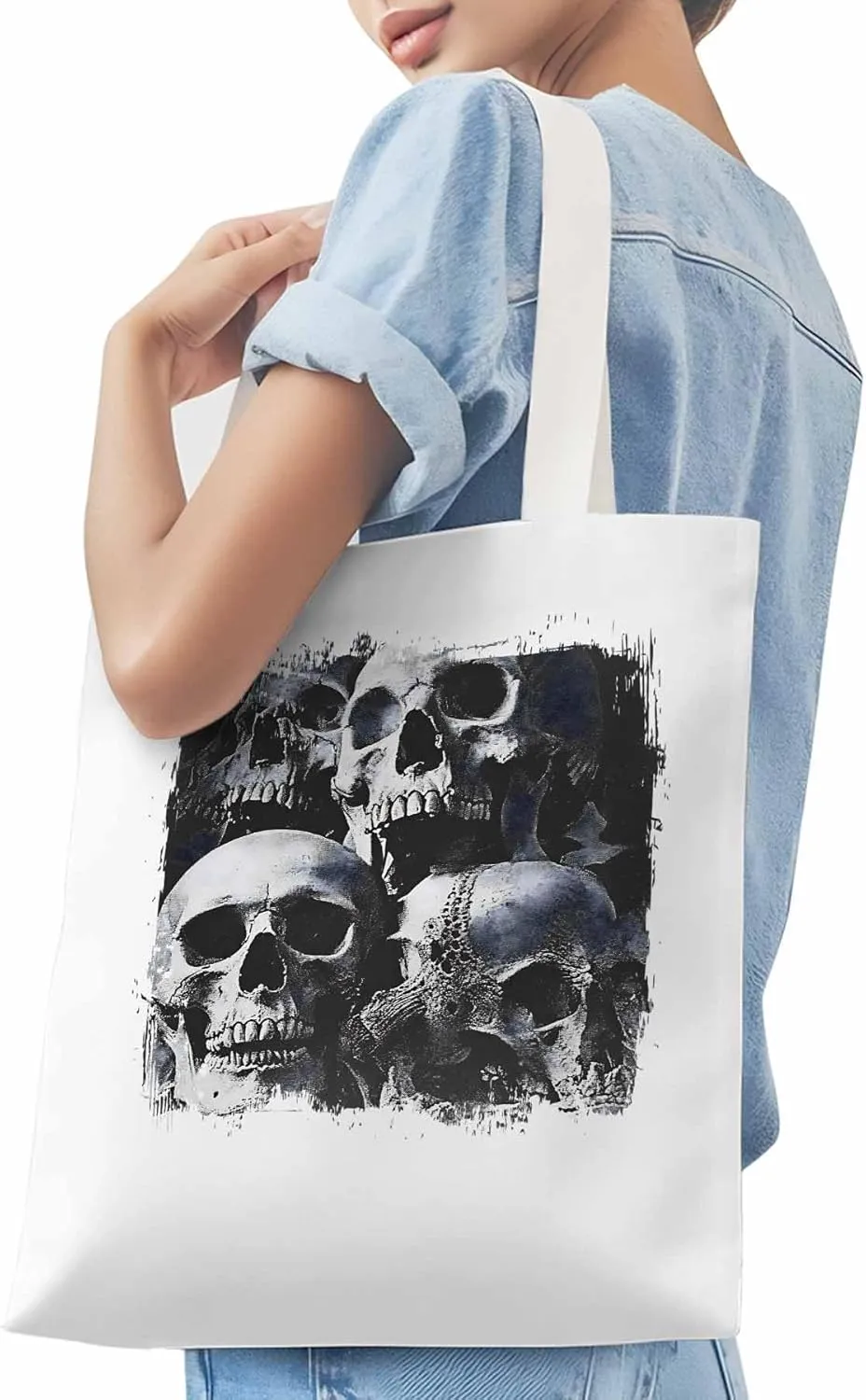 Vintage Black Skull Canvas Tote Bag, Aesthetic Canvas Tote Handbags for Women Shoulder Bag
