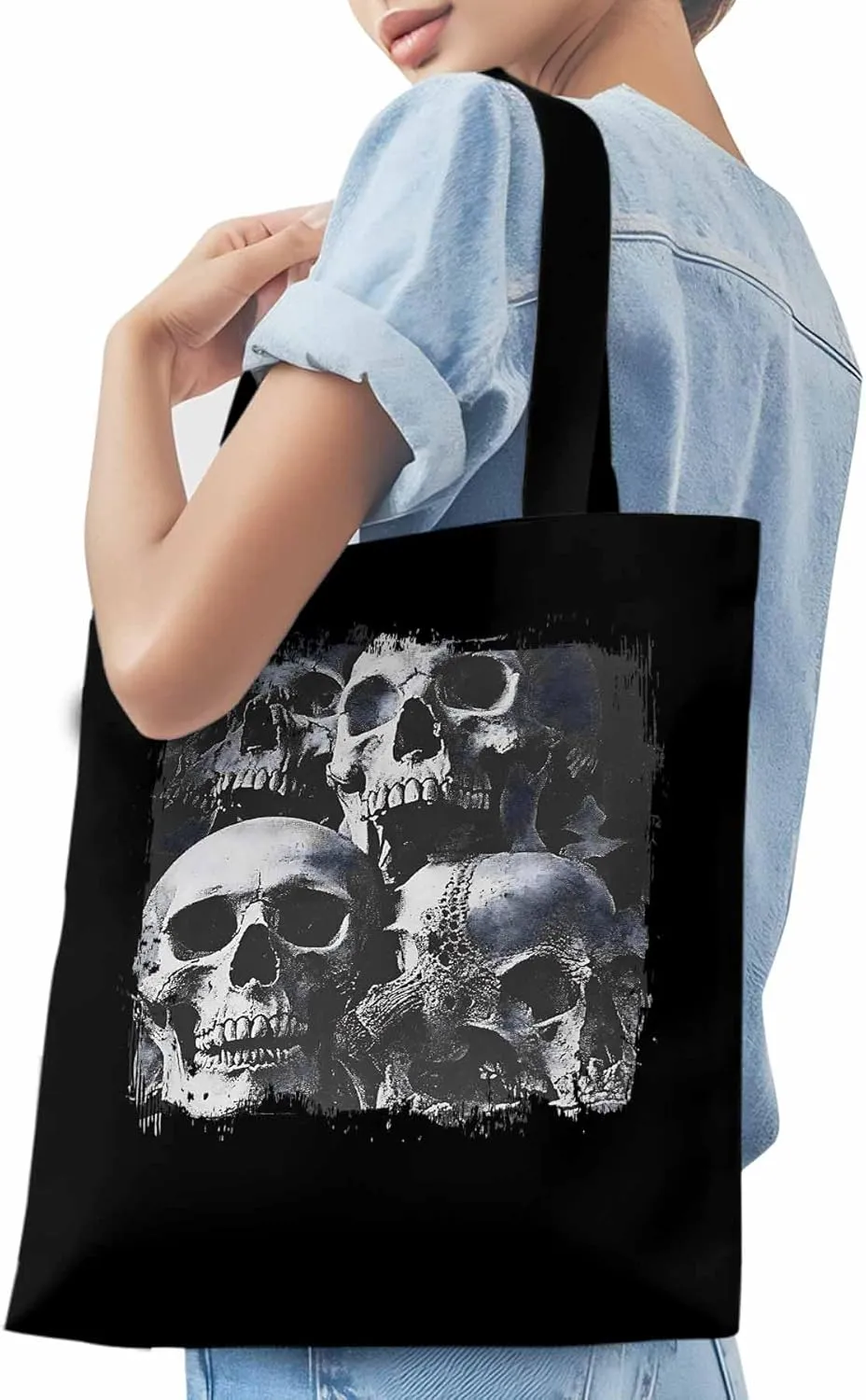 Vintage Black Skull Canvas Tote Bag, Aesthetic Canvas Tote Handbags for Women Shoulder Bag