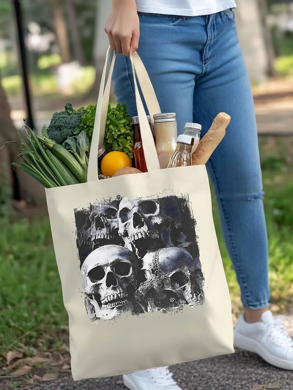 Vintage Black Skull Canvas Tote Bag, Aesthetic Canvas Tote Handbags for Women Shoulder Bag