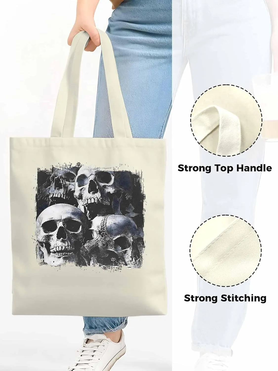 Vintage Black Skull Canvas Tote Bag, Aesthetic Canvas Tote Handbags for Women Shoulder Bag