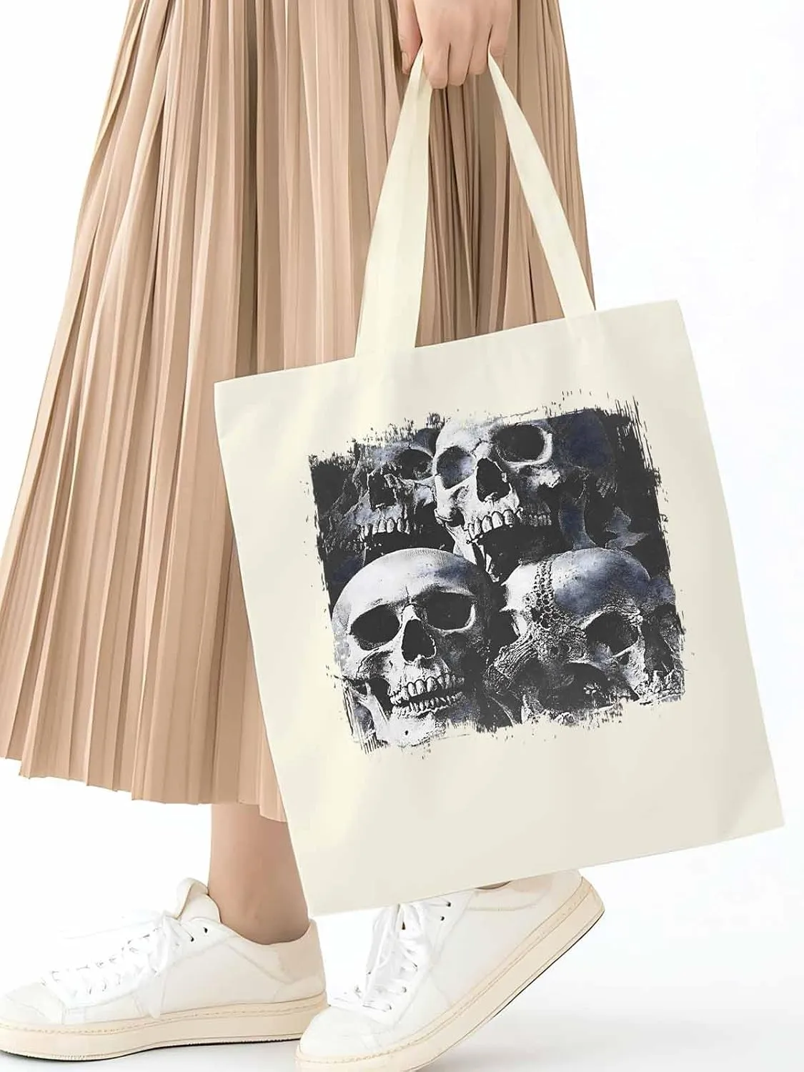 Vintage Black Skull Canvas Tote Bag, Aesthetic Canvas Tote Handbags for Women Shoulder Bag
