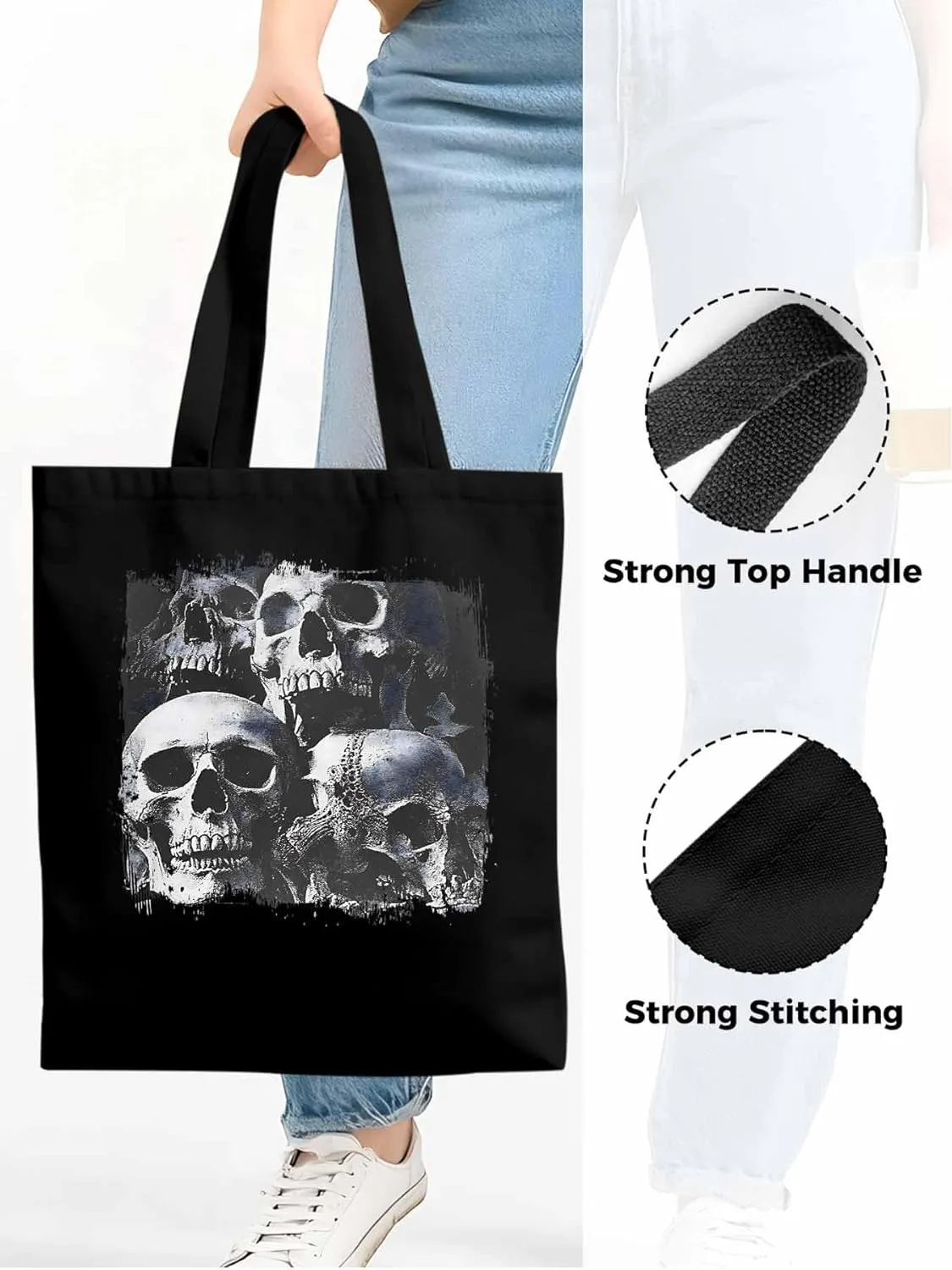 Vintage Black Skull Canvas Tote Bag, Aesthetic Canvas Tote Handbags for Women Shoulder Bag