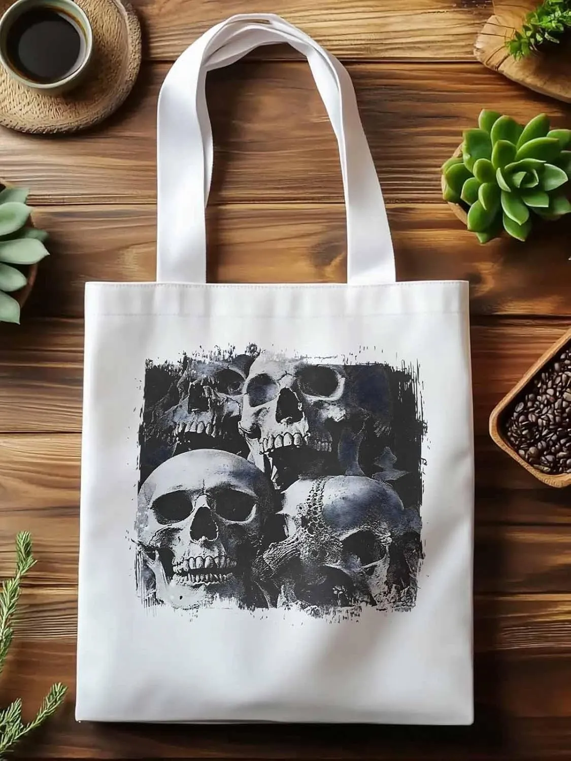 Vintage Black Skull Canvas Tote Bag, Aesthetic Canvas Tote Handbags for Women Shoulder Bag