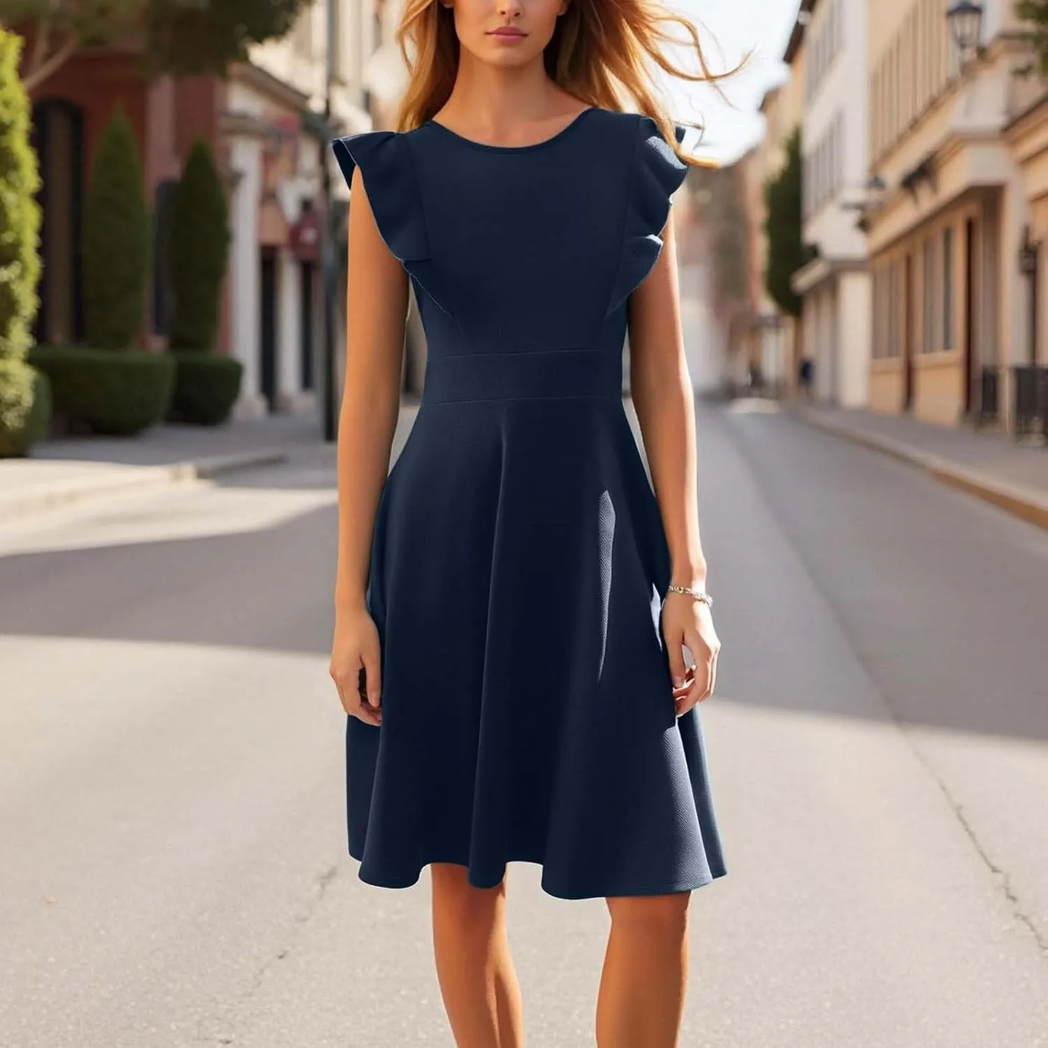 Vintage Summer Dress for Women High Waisted A Line Midi Dresses Round Neck Ruffle Short Sleeve Office Outfits
