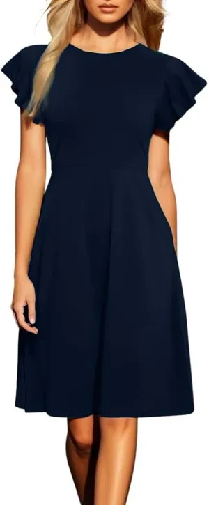 Vintage Summer Dress for Women High Waisted A Line Midi Dresses Round Neck Ruffle Short Sleeve Office Outfits