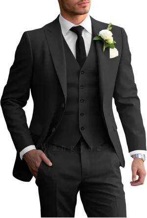 Wangyue 3 Piece Men's Suits Slim Fit Sets Elegant Suit for Men Peak Lapel Two Button Solid Jacket Vest Pants Prom