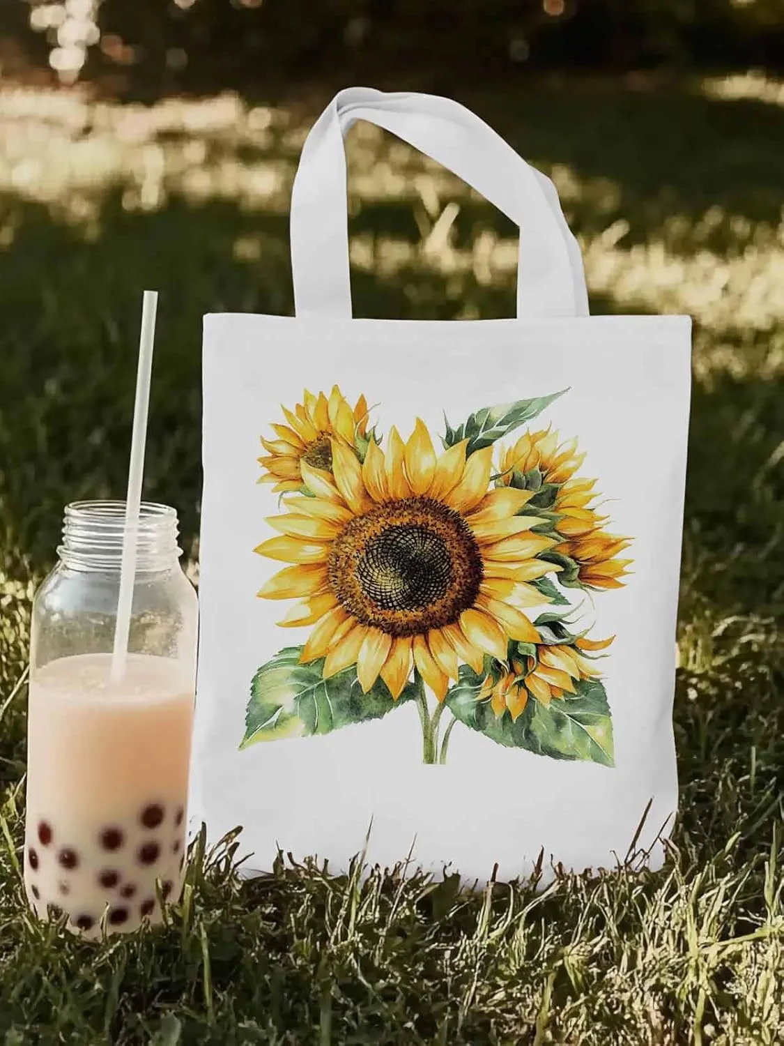 Watercolor Summer Sunflower Canvas Tote Bag, Aesthetic Canvas Tote Handbags for Women Shoulder Bag