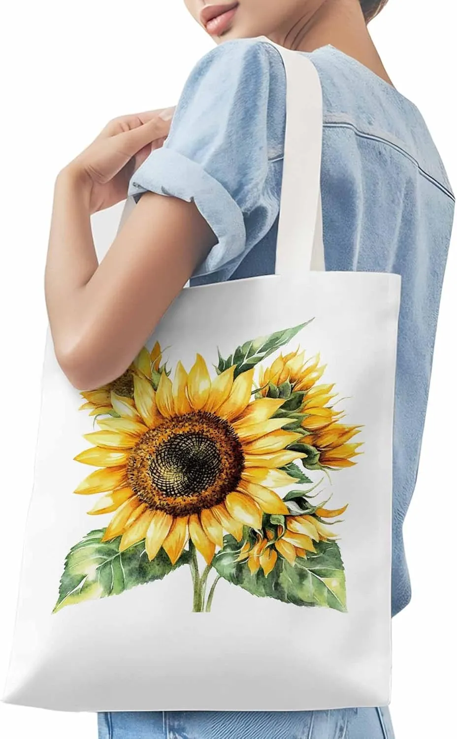 Watercolor Summer Sunflower Canvas Tote Bag, Aesthetic Canvas Tote Handbags for Women Shoulder Bag