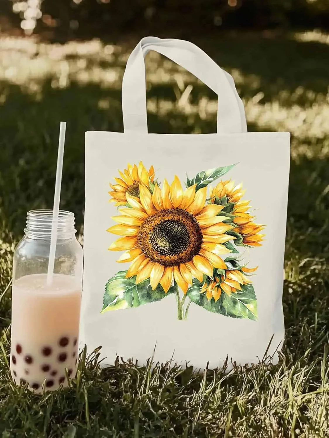 Watercolor Summer Sunflower Canvas Tote Bag, Aesthetic Canvas Tote Handbags for Women Shoulder Bag