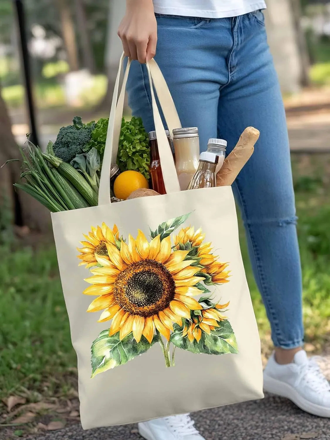 Watercolor Summer Sunflower Canvas Tote Bag, Aesthetic Canvas Tote Handbags for Women Shoulder Bag