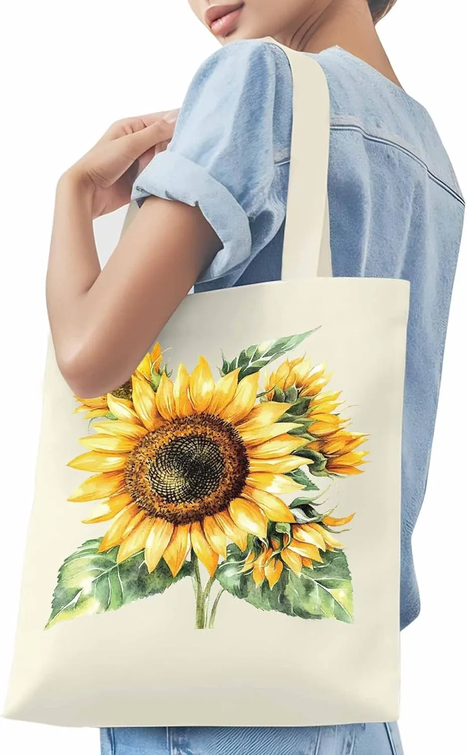 Watercolor Summer Sunflower Canvas Tote Bag, Aesthetic Canvas Tote Handbags for Women Shoulder Bag