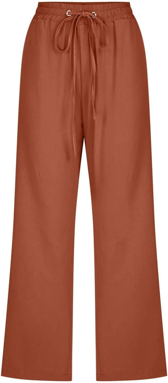 Women Cotton Linen Capris Pants Casual Summer 2025 Straight Wide Leg Loose Drawstring Elastic Waist Cropped Trouser