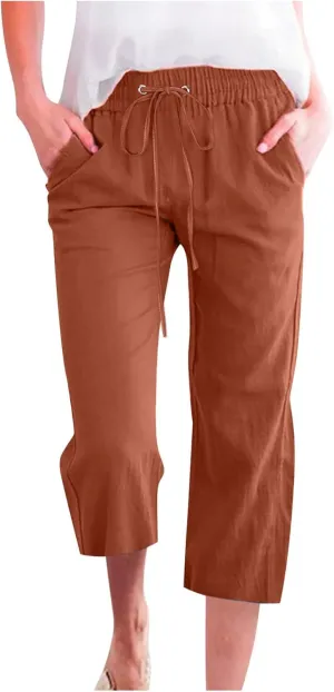 Women Cotton Linen Capris Pants Casual Summer 2025 Straight Wide Leg Loose Drawstring Elastic Waist Cropped Trouser