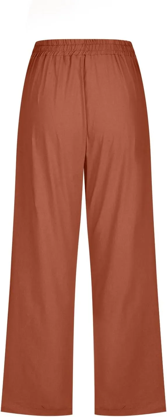 Women Cotton Linen Capris Pants Casual Summer 2025 Straight Wide Leg Loose Drawstring Elastic Waist Cropped Trouser