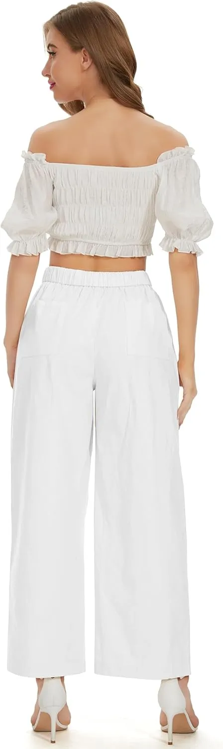 Women Cotton Pants Wide Leg Palazzo Long Lounge Slacks Drawstring High Waist Button Trousers Pocket