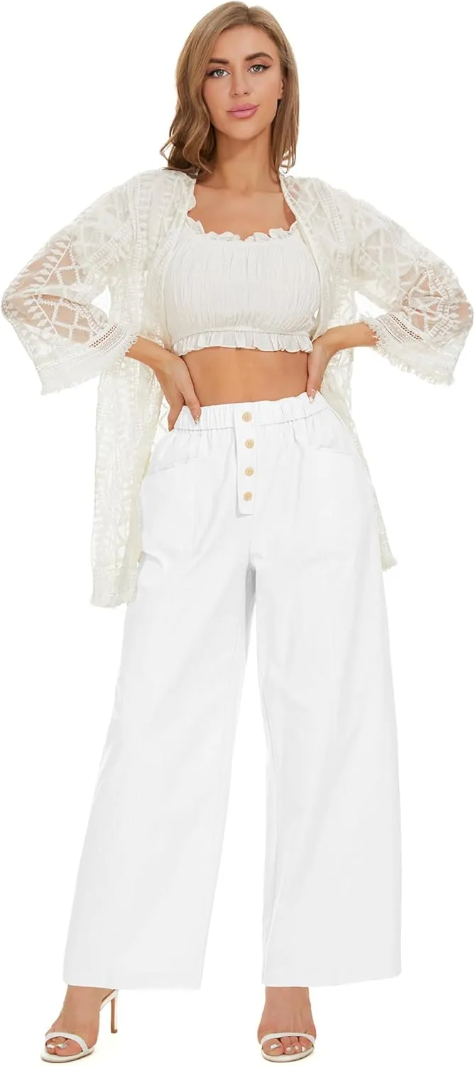 Women Cotton Pants Wide Leg Palazzo Long Lounge Slacks Drawstring High Waist Button Trousers Pocket