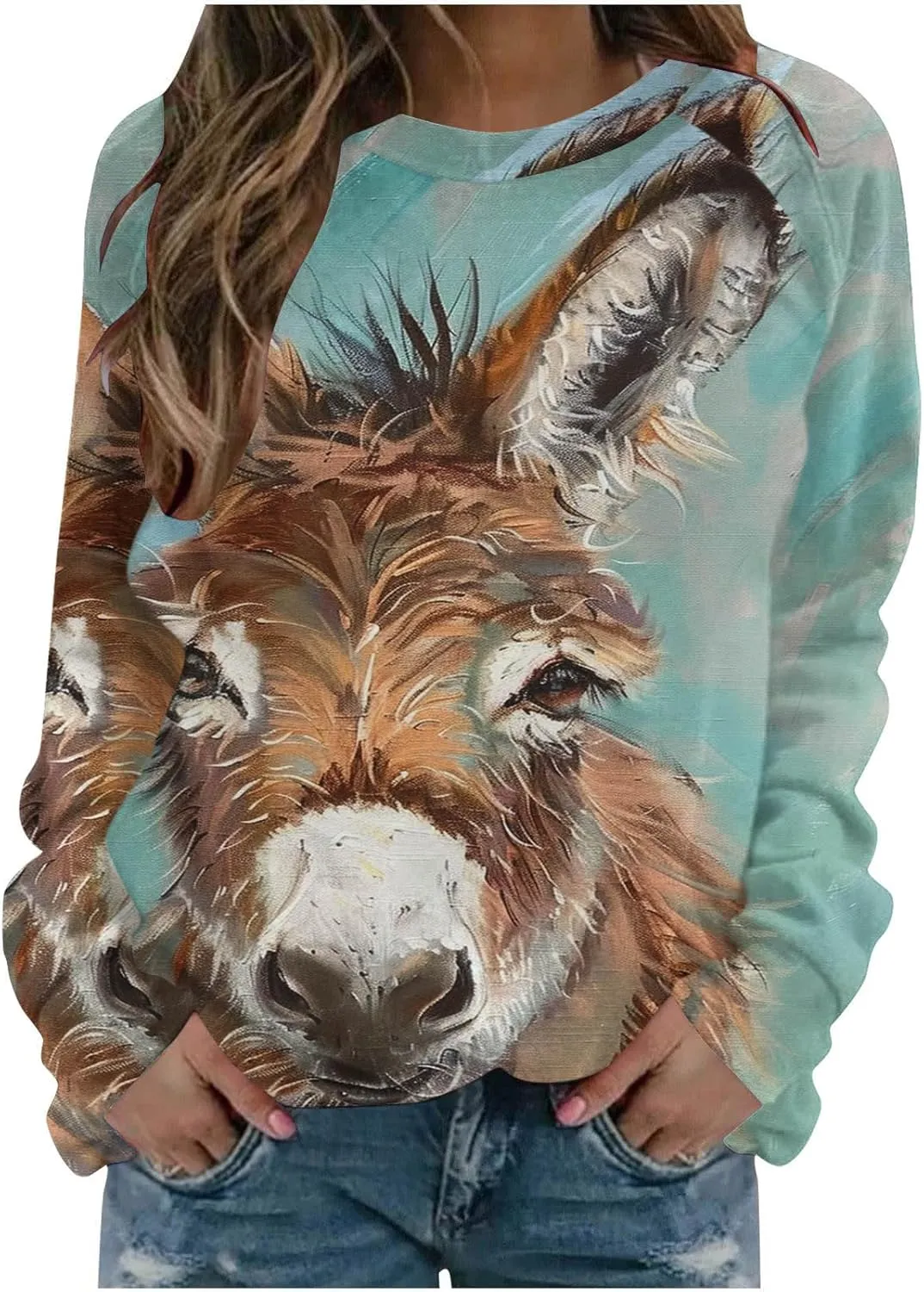 Women Cute Donkey Print Sweatshirt Oversized Crew Neck Long Sleeve Pullover Fall Winter Trendy Casual Fleece Tops