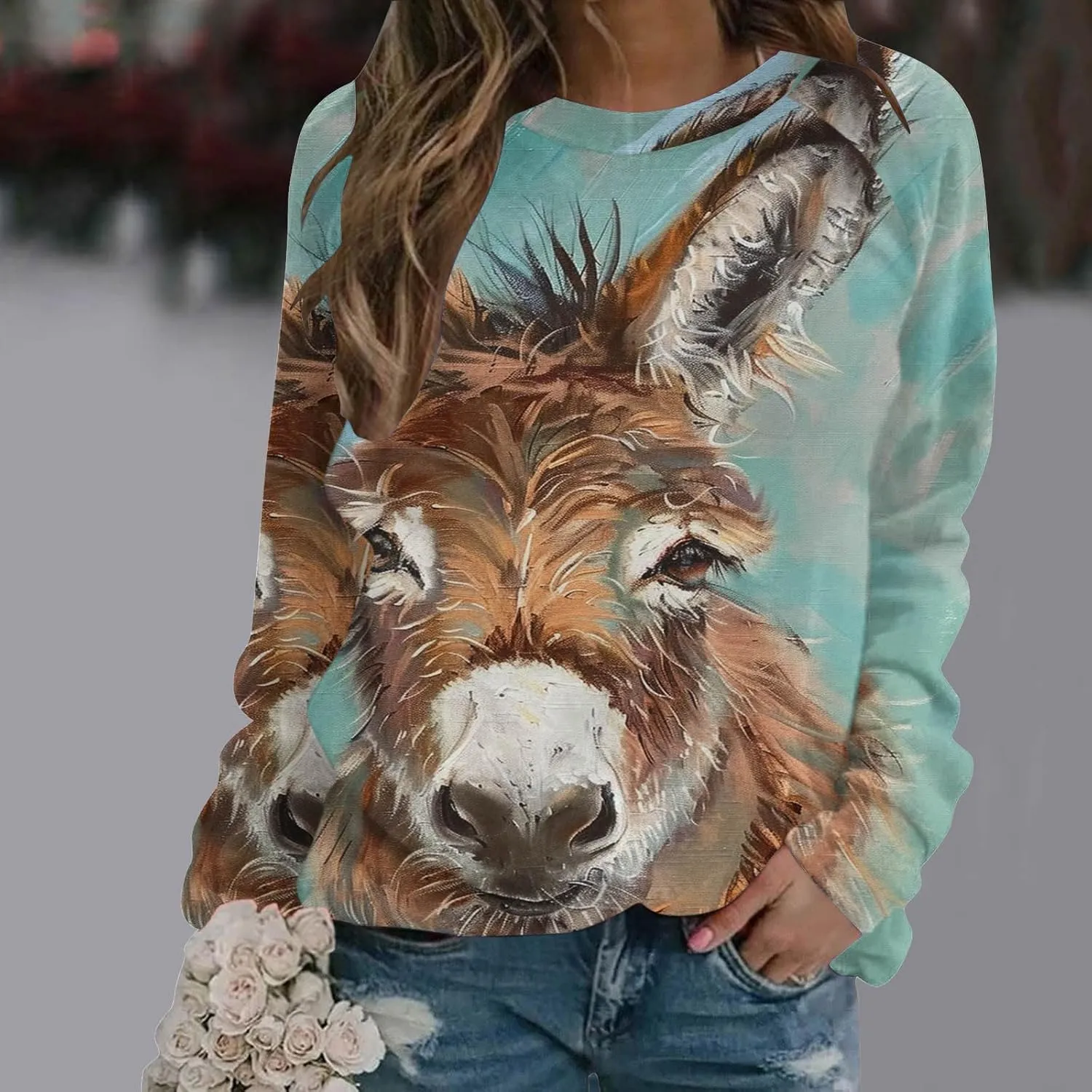 Women Cute Donkey Print Sweatshirt Oversized Crew Neck Long Sleeve Pullover Fall Winter Trendy Casual Fleece Tops