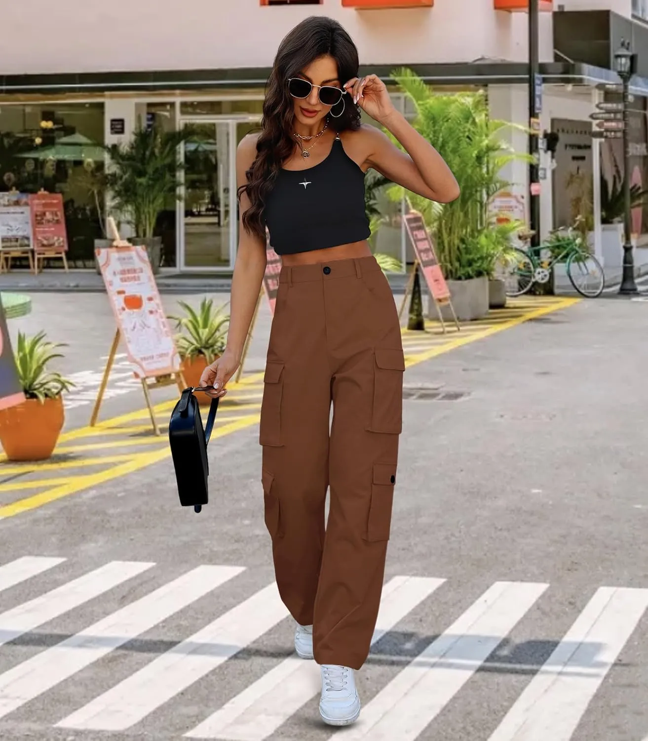 Women High Waisted Cargo Pants Y2K Trousers Wide Leg Casual Pants with 8 Pockets