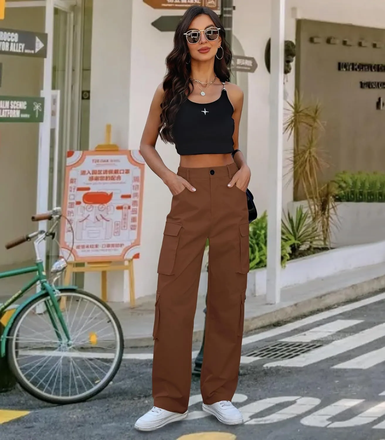 Women High Waisted Cargo Pants Y2K Trousers Wide Leg Casual Pants with 8 Pockets