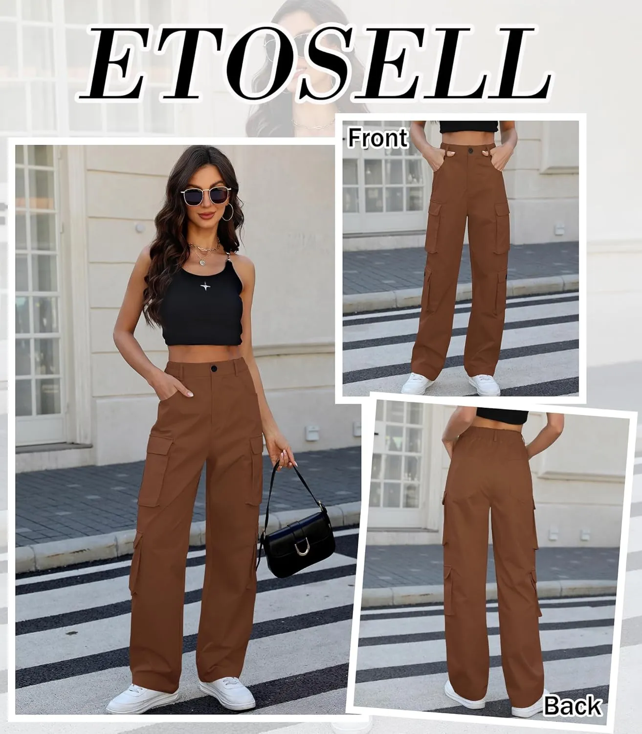 Women High Waisted Cargo Pants Y2K Trousers Wide Leg Casual Pants with 8 Pockets