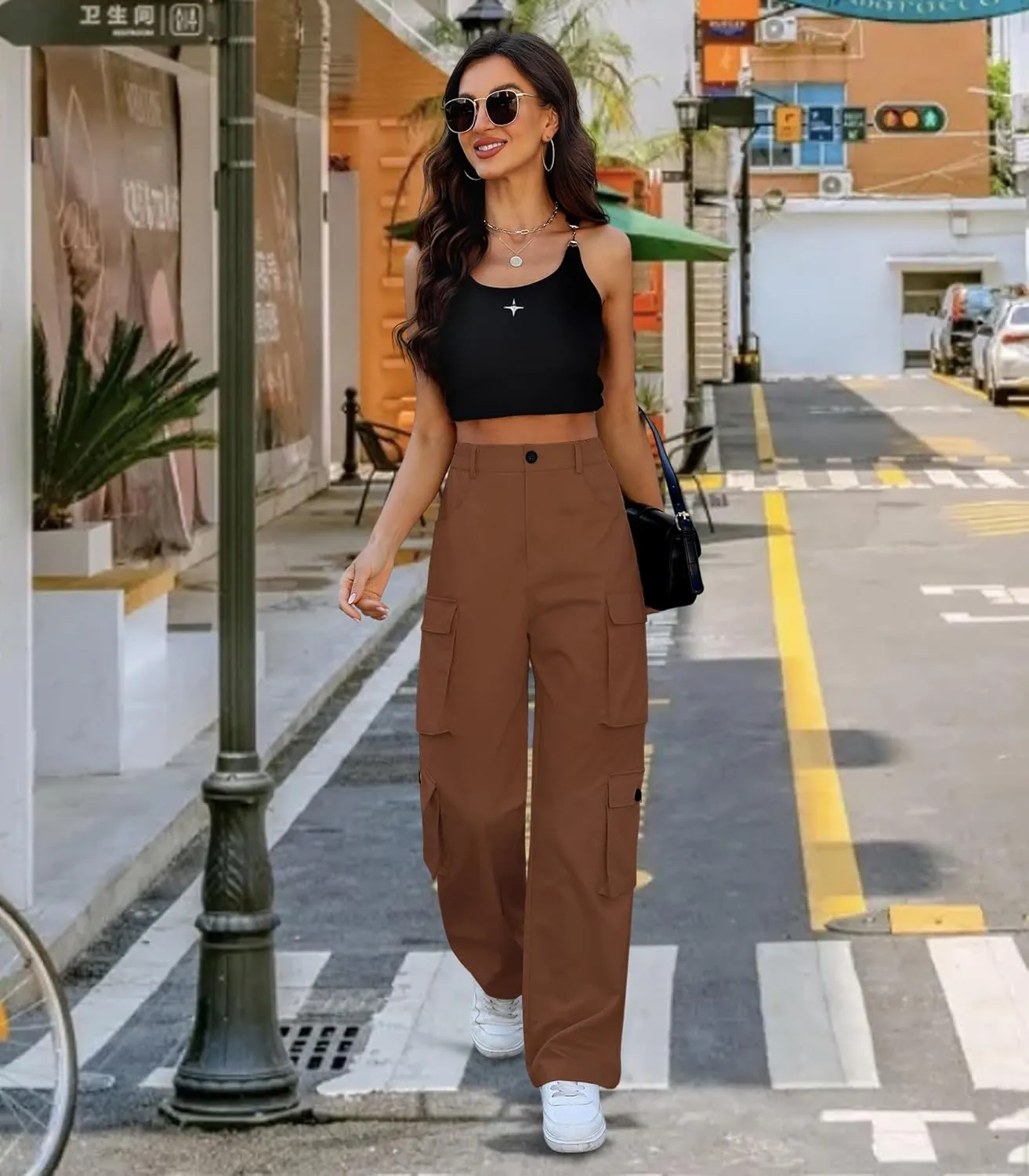 Women High Waisted Cargo Pants Y2K Trousers Wide Leg Casual Pants with 8 Pockets