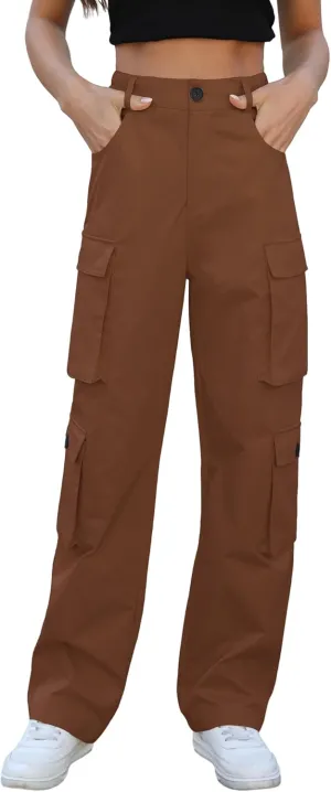 Women High Waisted Cargo Pants Y2K Trousers Wide Leg Casual Pants with 8 Pockets