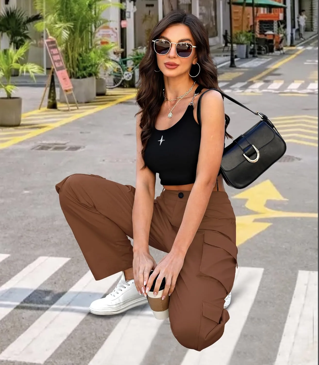 Women High Waisted Cargo Pants Y2K Trousers Wide Leg Casual Pants with 8 Pockets
