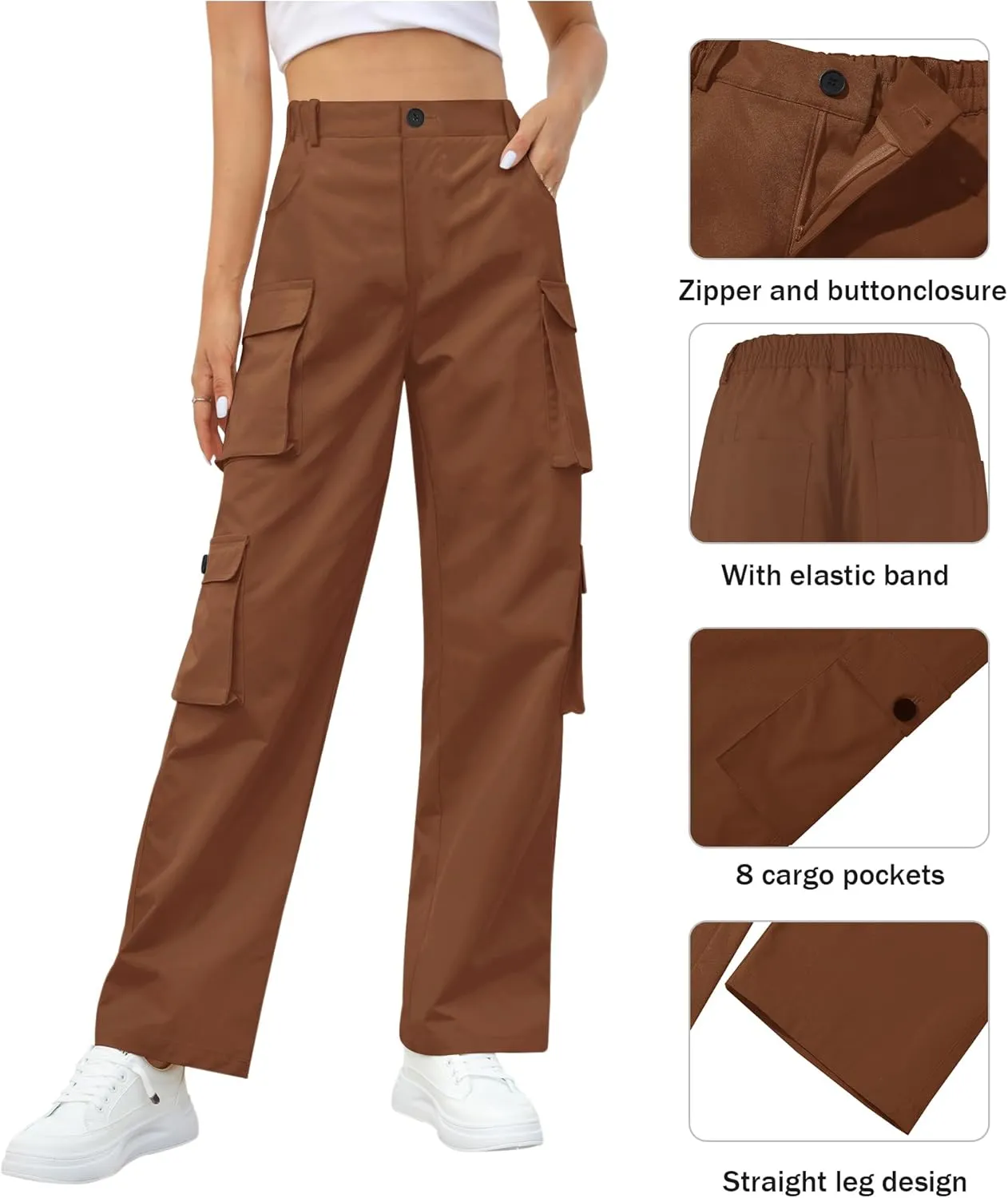 Women High Waisted Cargo Pants Y2K Trousers Wide Leg Casual Pants with 8 Pockets