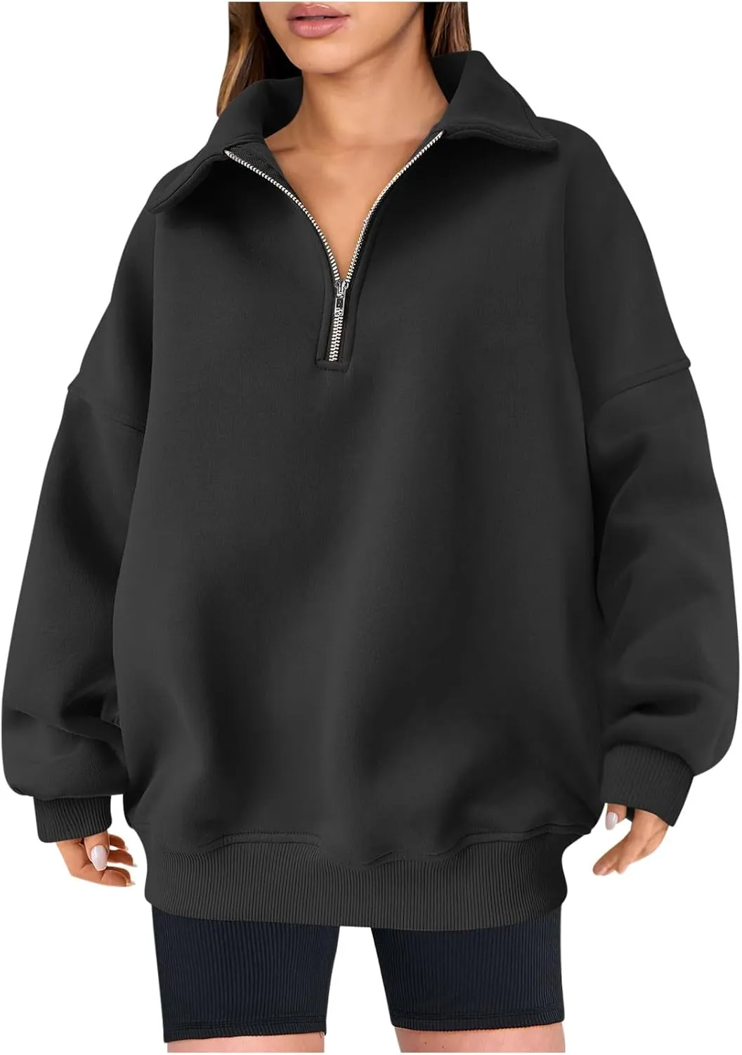 Women Oversized Half Zip Sweatshirt Drop Shoulder Long Sleeves Collar Quarter 1/4 Zipper Pullover Fashion Fall Tops