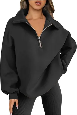 Women Oversized Half Zip Sweatshirt Drop Shoulder Long Sleeves Collar Quarter 1/4 Zipper Pullover Fashion Fall Tops