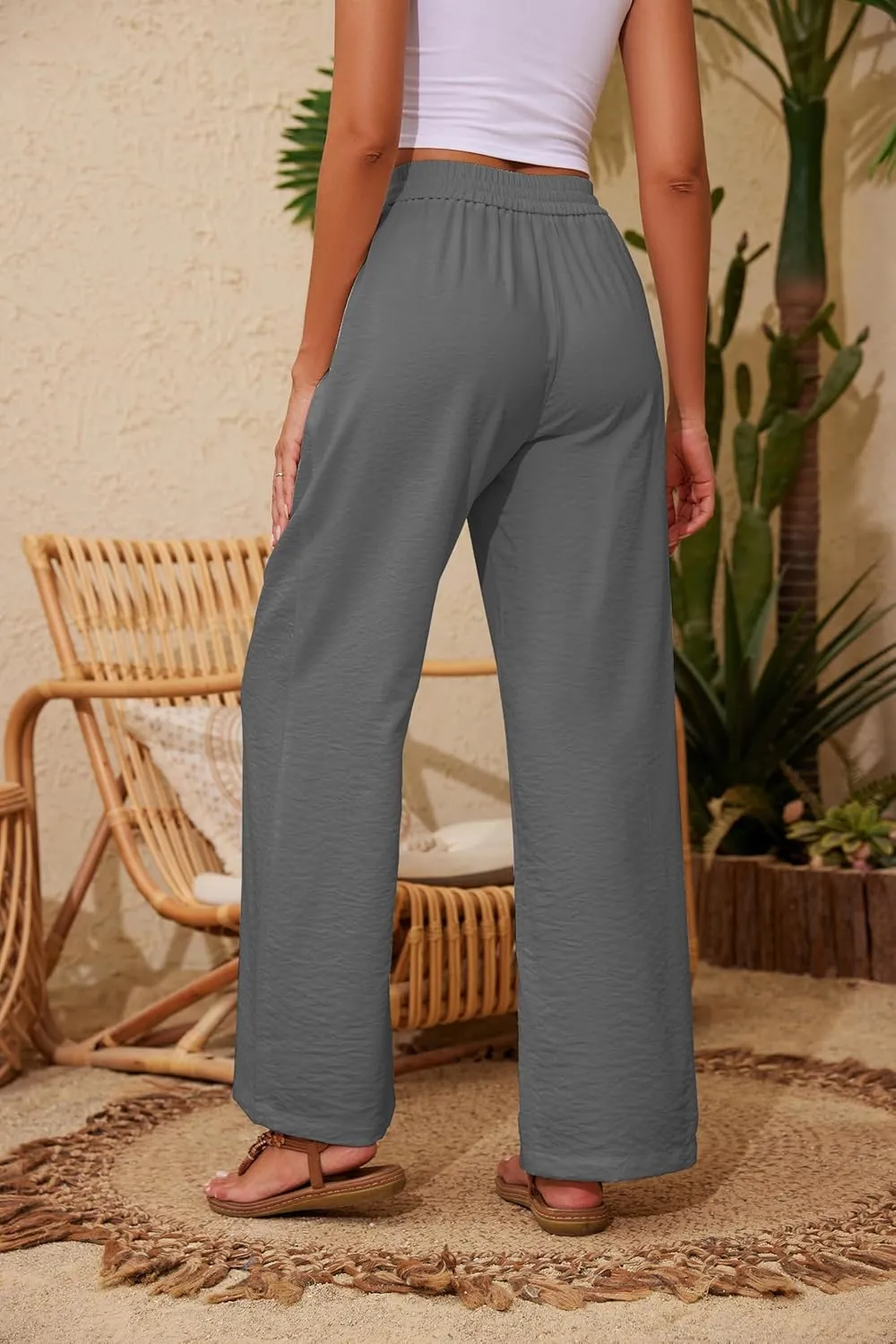 Women Pants Flowy Pants Drawstring Waist Wide Leg Palazzo Beach Pants Loose Fit with Pockets