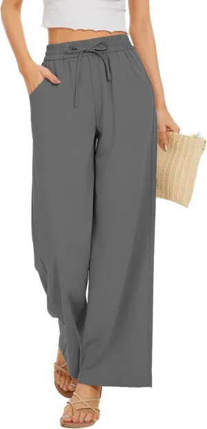 Women Pants Flowy Pants Drawstring Waist Wide Leg Palazzo Beach Pants Loose Fit with Pockets