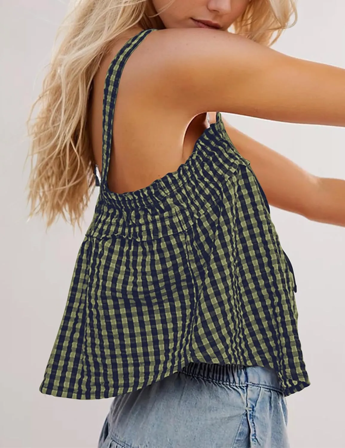 Women Plaid Cropped Camisole Tops Ruched Tie Front Square Neck Backless Loose Cute Crop Cami Tank Adjustable Top