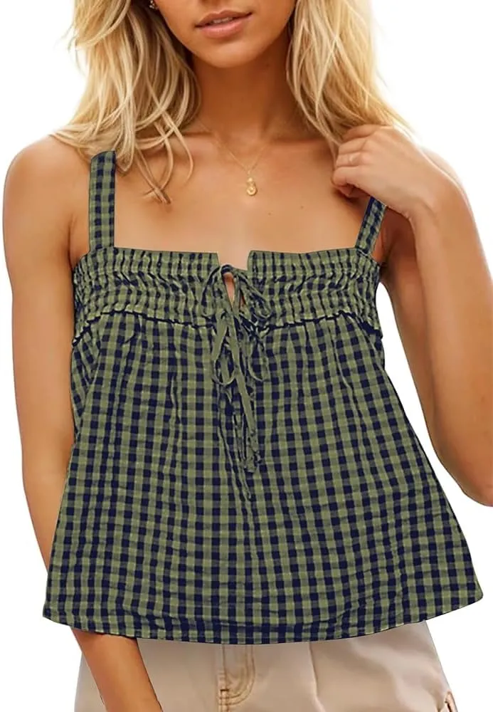 Women Plaid Cropped Camisole Tops Ruched Tie Front Square Neck Backless Loose Cute Crop Cami Tank Adjustable Top