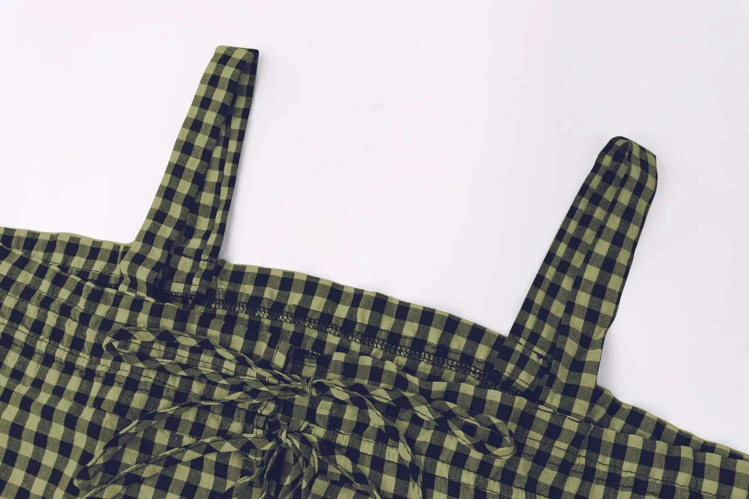 Women Plaid Cropped Camisole Tops Ruched Tie Front Square Neck Backless Loose Cute Crop Cami Tank Adjustable Top