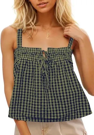 Women Plaid Cropped Camisole Tops Ruched Tie Front Square Neck Backless Loose Cute Crop Cami Tank Adjustable Top