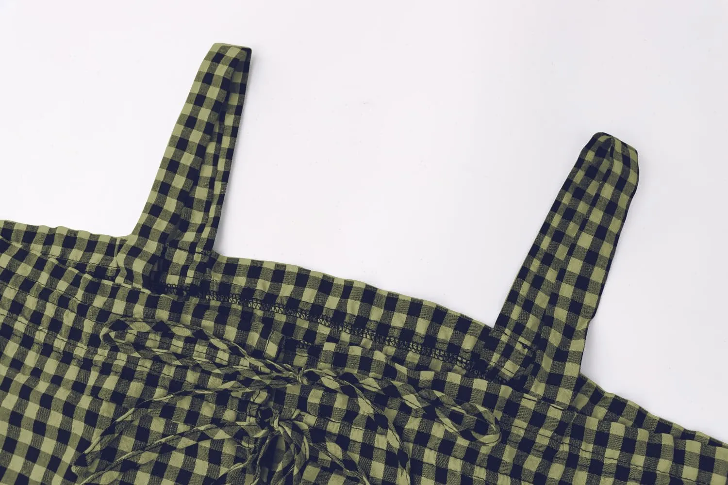 Women Plaid Cropped Camisole Tops Ruched Tie Front Square Neck Backless Loose Cute Crop Cami Tank Adjustable Top